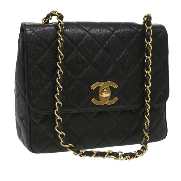 CHANEL Big Matelasse Turn Lock Shoulder Bag Caviar Skin Black CC Auth 32155A - Picture 1 of 16